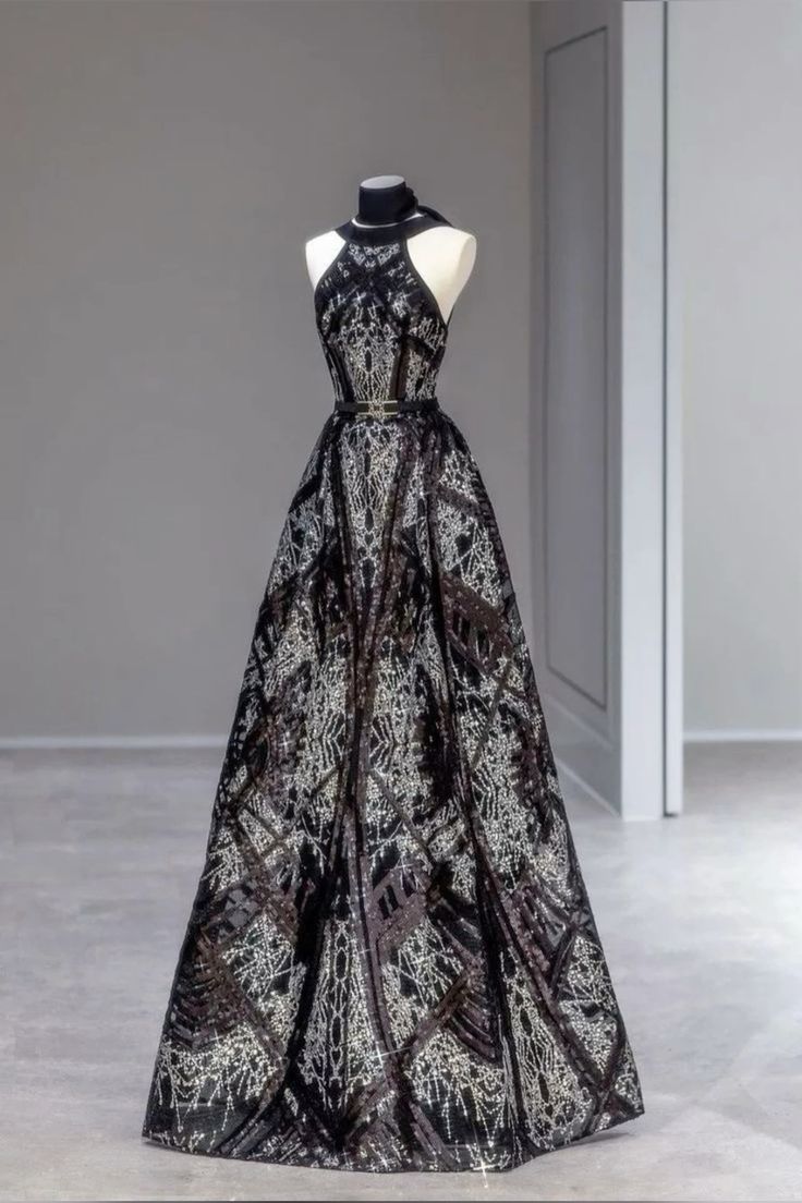 Elegant  A Line Black Pattern Halter Metal Belt Long Prom Dress,Evening Dresses GG178