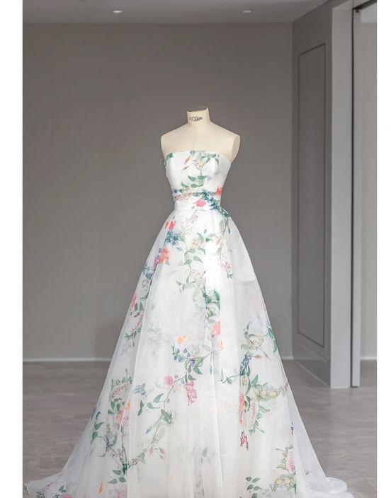 Elegant  A Line White Strapless Lace Print Flower Long Prom Dress,Evening Dresses GG179