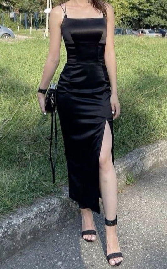 Charming Mermaid Spaghetti Straps Square Black Satin Slit Long Prom Dress,Evening Dress GG1791