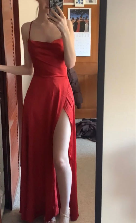 Sexy A Line Spaghetti Straps Red Satin Slit Long Prom Dress,Evening Dress GG1792