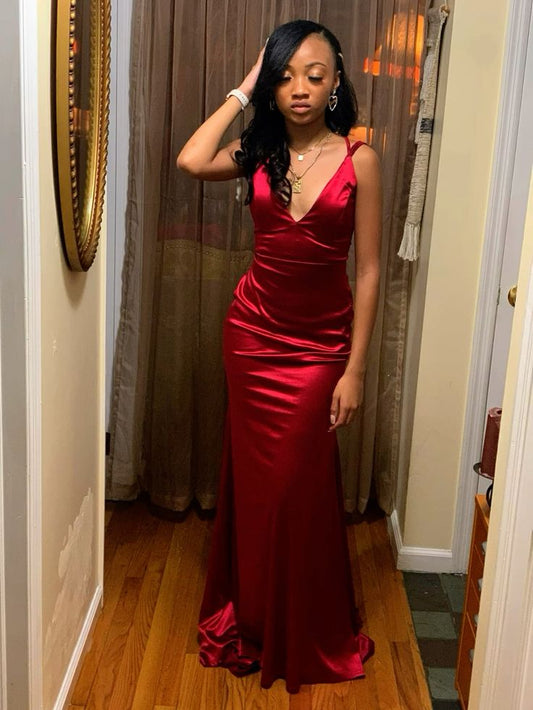 Chic Mermaid V Neck Red Satin Long Prom Dress,Evening Dress GG1793