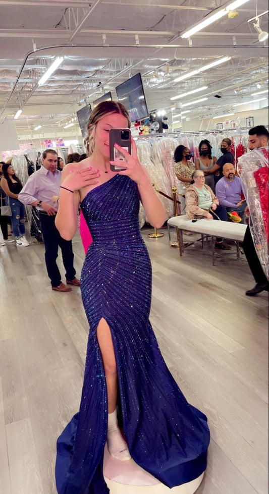 Glitter Mermaid One Shoulder Satin Sequin Slit Pleated Long Prom Dress,Evening Dress GG1794