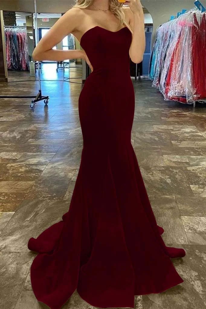 Elegant Mermaid Strapless Burgundy Satin Long Prom Dress,Evening Dress GG1796