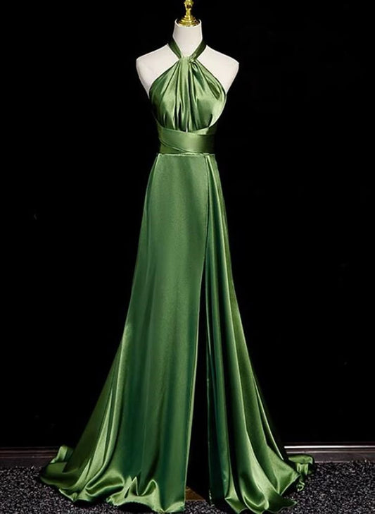 Charming A Line Halter Green Satin Long Prom Dress,Evening Dress GG1798
