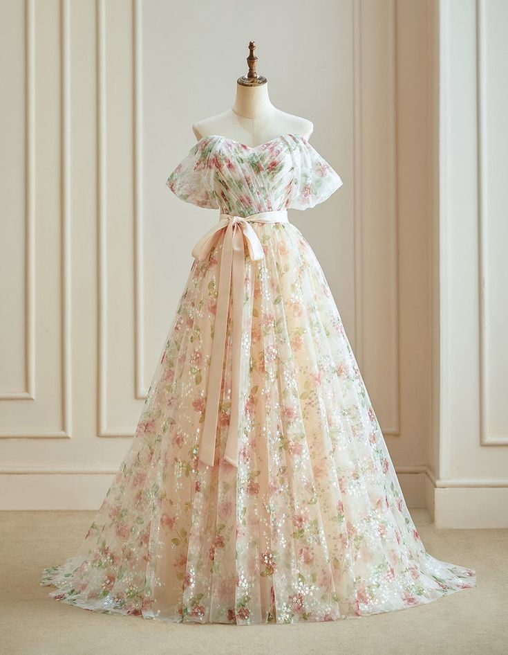 Elegant  A Line Off The Shoulder Tulle Print Flower Sequins Long Prom Dress,Evening Dresses GG180