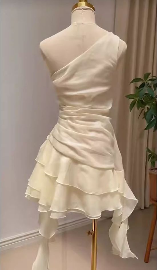 Chic A Line One Shoulder Ivory Chiffon Short Prom Dress,Homecoming Dress,Evening Dress GG1808