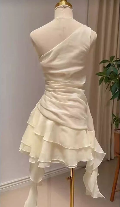 Chic A Line One Shoulder Ivory Chiffon Short Prom Dress,Homecoming Dress,Evening Dress GG1808