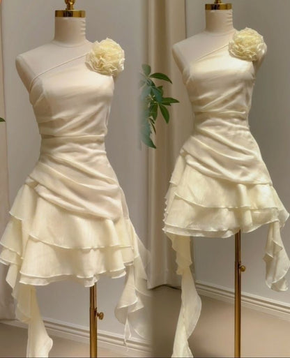 Chic A Line One Shoulder Ivory Chiffon Short Prom Dress,Homecoming Dress,Evening Dress GG1808