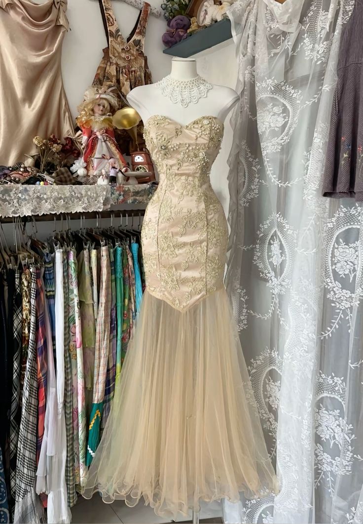Charming Mermaid Strapless Light Gold Satin Tulle Applique Long Prom Dress,Evening Dress GG1811