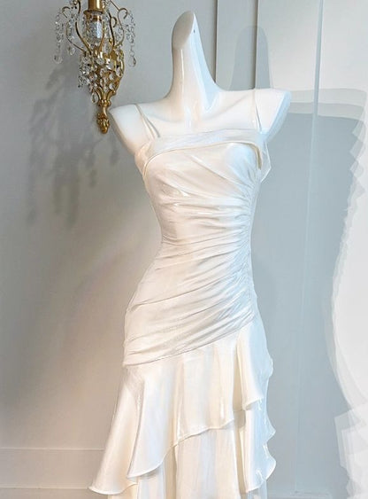 Fairy Mermaid Spaghetti Straps White Satin Tiered Long Prom Dress,Evening Dress GG1812