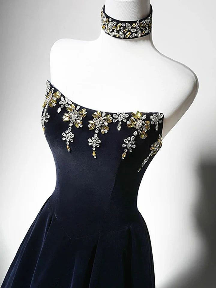 Delicate A-Line Strapless Velvet Dark Blue Bead String Long Prom Dress,Evening Dresses GG182