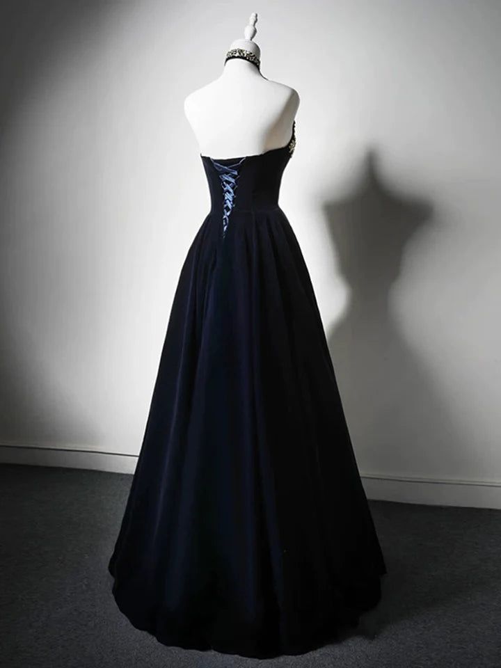 Delicate A-Line Strapless Velvet Dark Blue Bead String Long Prom Dress,Evening Dresses GG182