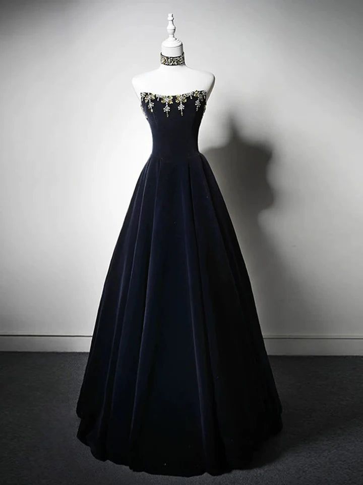 Delicate A-Line Strapless Velvet Dark Blue Bead String Long Prom Dress,Evening Dresses GG182