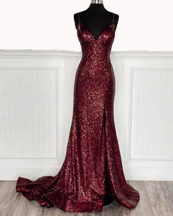 Shiny Mermaid Spaghetti Straps Burgundy Sequin Slit Backless Long Prom Dress,Evening Dress GG1821