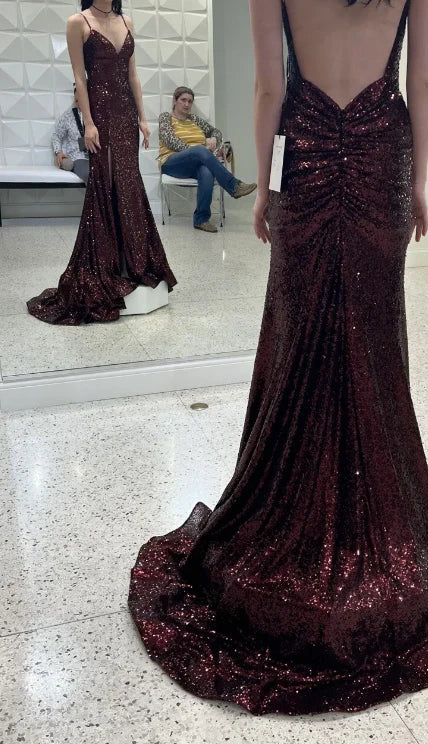 Shiny Mermaid Spaghetti Straps Burgundy Sequin Slit Backless Long Prom Dress,Evening Dress GG1821