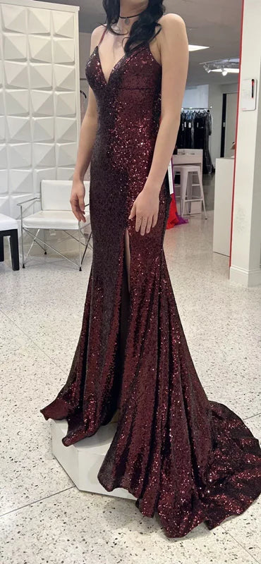 Shiny Mermaid Spaghetti Straps Burgundy Sequin Slit Backless Long Prom Dress,Evening Dress GG1821