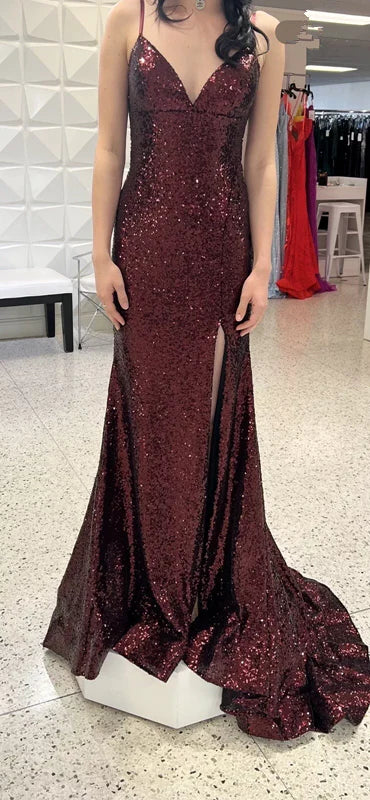Shiny Mermaid Spaghetti Straps Burgundy Sequin Slit Backless Long Prom Dress,Evening Dress GG1821
