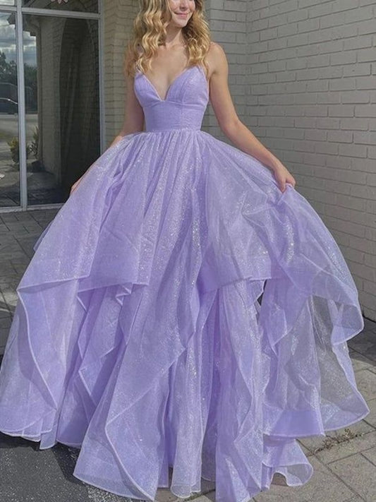Sparkly A Line Spaghetti Straps V Neck Lilac Tulle Sequin Long Prom Dress,Evening Dress GG1824