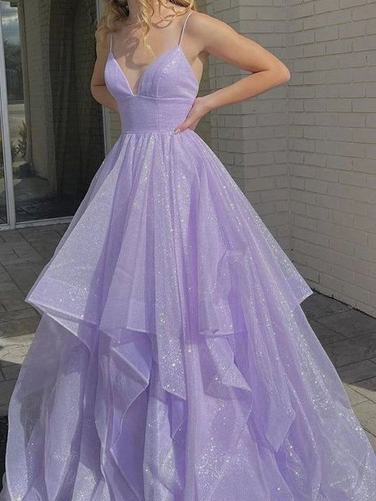 Sparkly A Line Spaghetti Straps V Neck Lilac Tulle Sequin Long Prom Dress,Evening Dress GG1824