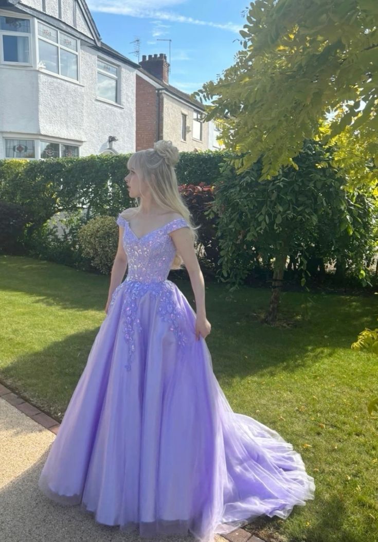 Charming A Line Off The Shoulder Lilac Tulle Applique Long Prom Dress,Evening Dress GG1826