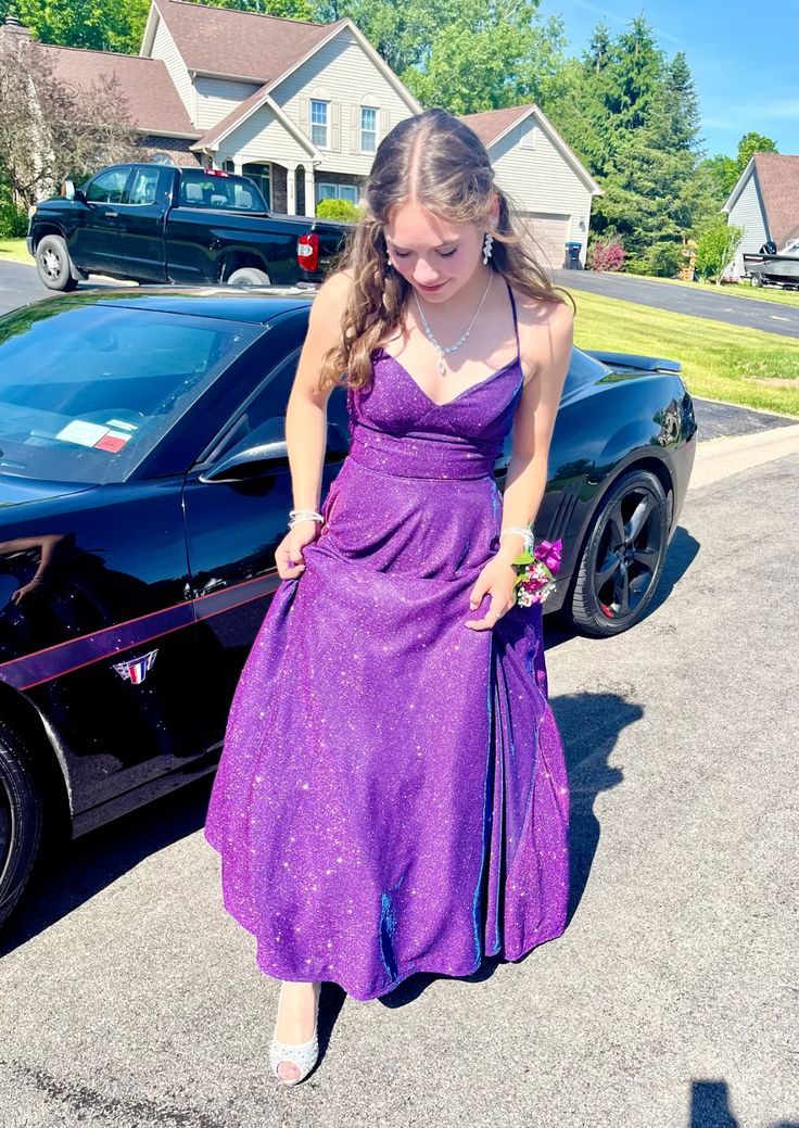 Glitter A Line Halter Straps Purple Satin Long Prom Dress,Evening Dress GG1828