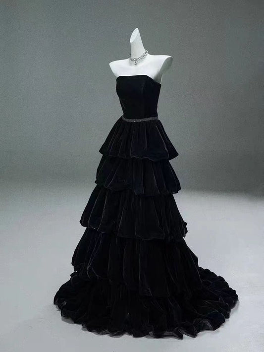 Elegant A Line Strapless Tiered Black Velvet Ball Gown Sweep Long Prom Dresses, Evening Dresses GG183