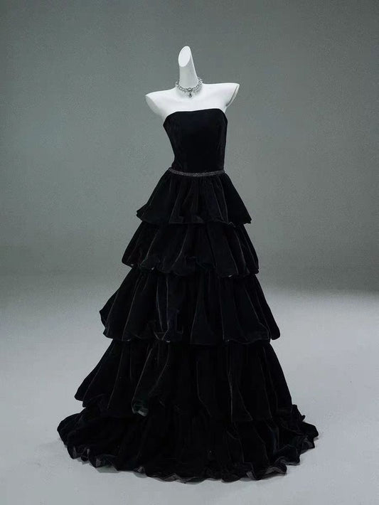 Elegant A Line Strapless Tiered Black Velvet Ball Gown Sweep Long Prom Dresses, Evening Dresses GG183