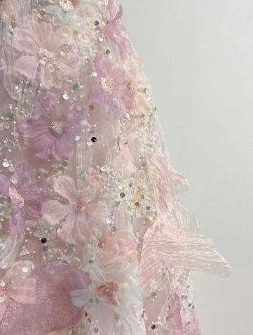 Romatic A Line Spaghetti Straps Pink Sequin Tulle Floral Long Prom Dresses, Evening Dresses GG184