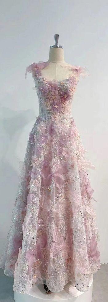 Romatic A Line Spaghetti Straps Pink Sequin Tulle Floral Long Prom Dresses, Evening Dresses GG184