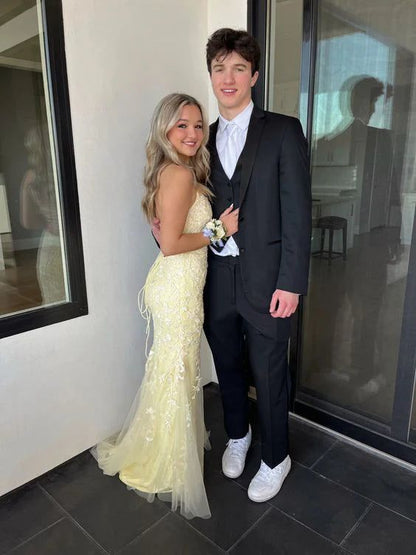 Pretty Mermaid Spaghetti Straps Pastel Yellow Tulle Applique Long Prom Dress,Evening Dress GG1843