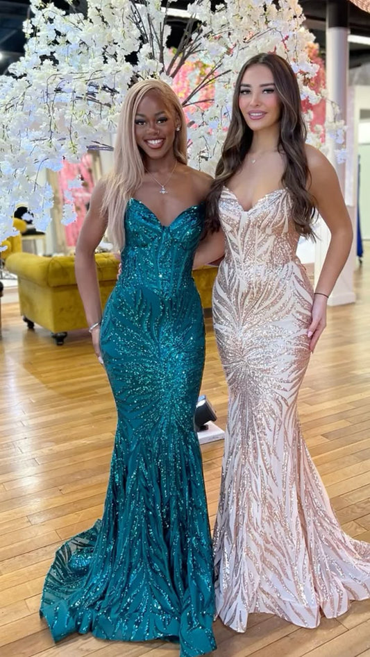 Glamorous Mermaid Strapless Satin Sequin Long Prom Dress,Evening Dress GG1845