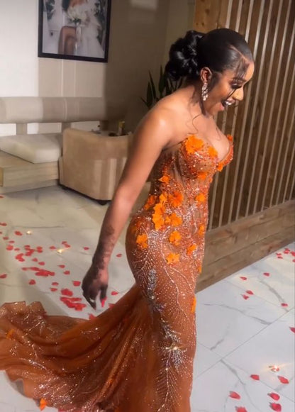 Sexy Mermaid Strapless Orange Sequin Beaded Applique Long Prom Dress,Evening Dress GG1847