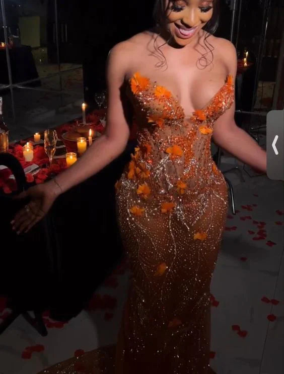 Sexy Mermaid Strapless Orange Sequin Beaded Applique Long Prom Dress,Evening Dress GG1847