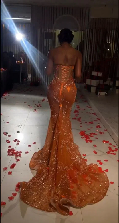 Sexy Mermaid Strapless Orange Sequin Beaded Applique Long Prom Dress,Evening Dress GG1847