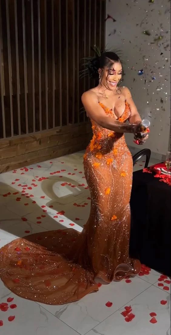 Sexy Mermaid Strapless Orange Sequin Beaded Applique Long Prom Dress,Evening Dress GG1847