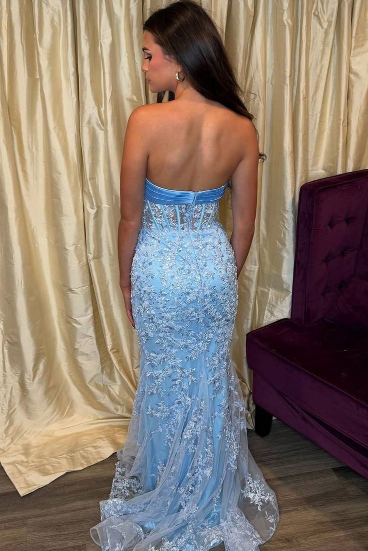 Pretty Mermaid Strapless Pale Blue Satin Tulle Applique Long Prom Dress,Evening Dress GG1848