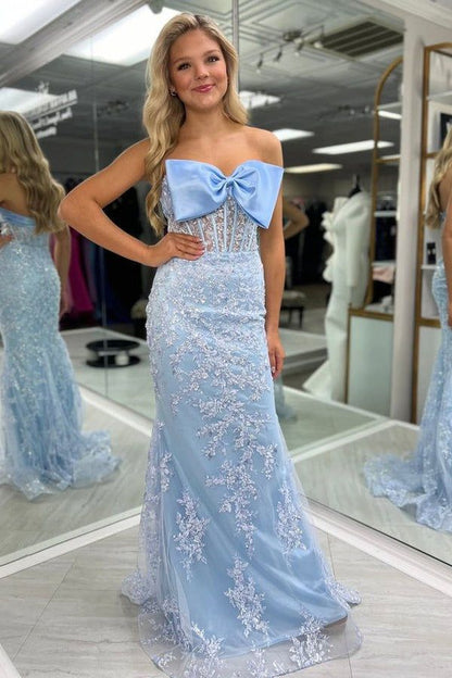 Pretty Mermaid Strapless Pale Blue Satin Tulle Applique Long Prom Dress,Evening Dress GG1848