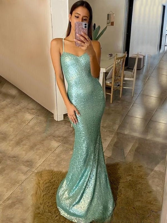 Glitter Mermaid Spaghetti Straps Mint Green Satin Sequin  Long Prom Dress,Evening Dress GG1849