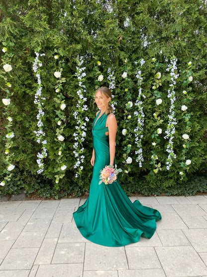 Elegant Mermaid Halter Dark Green Satin Long Prom Dress,Evening Dress GG1851