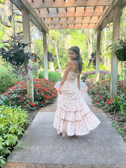 Fairy A Line Spaghetti Straps Chiffon Printing Floral Tiered Long Prom Dress,Evening Dress GG1852