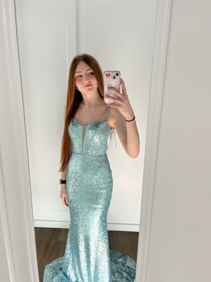 Sparkly Mermaid Spaghetti Straps Tiffany Blue Satin Sequin Long Prom Dress,Evening Dress GG1853