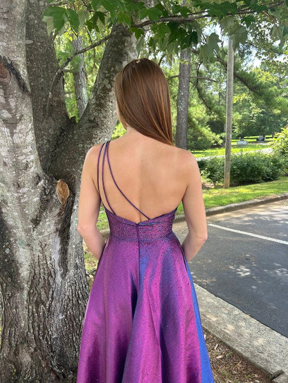 Ombre A Line One Shoulder Satin Beaded Irregular Hem Long Prom Dress,Evening Dress GG1856