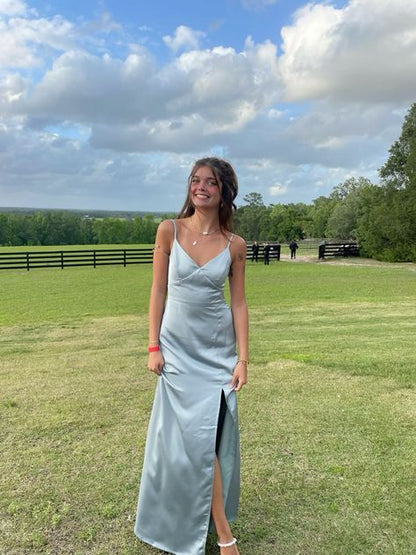 Elegant Mermaid Spaghetti Straps Sky Blue Satin Slit Long Prom Dress,Evening Dress GG1861