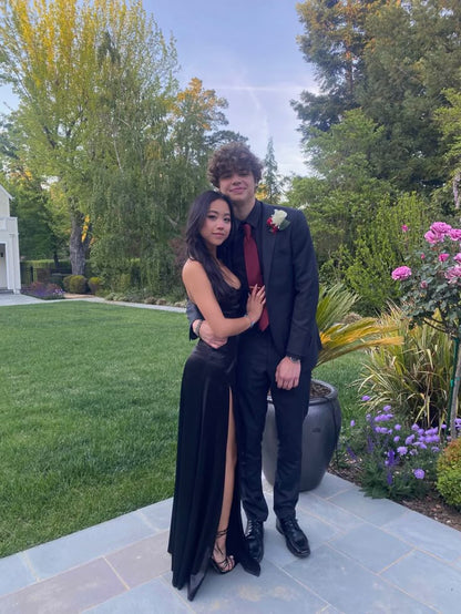 Elegant Mermaid Spaghetti Straps Black Satin Slit Long Prom Dress,Evening Dress GG1864