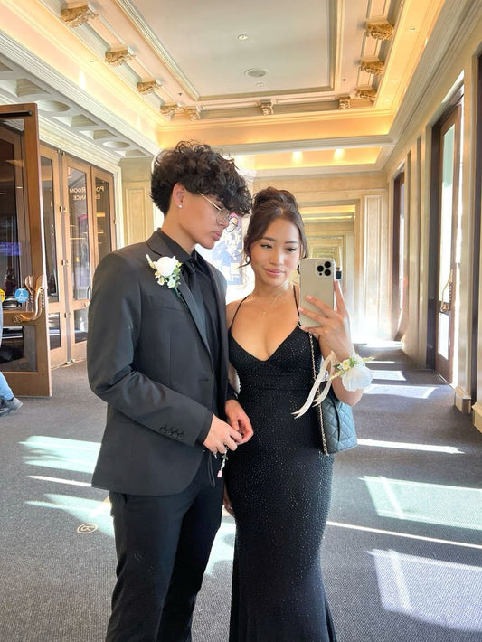 Sexy Mermaid Halter Straps Black Satin Beaded Long Prom Dress,Evening Dress GG1865