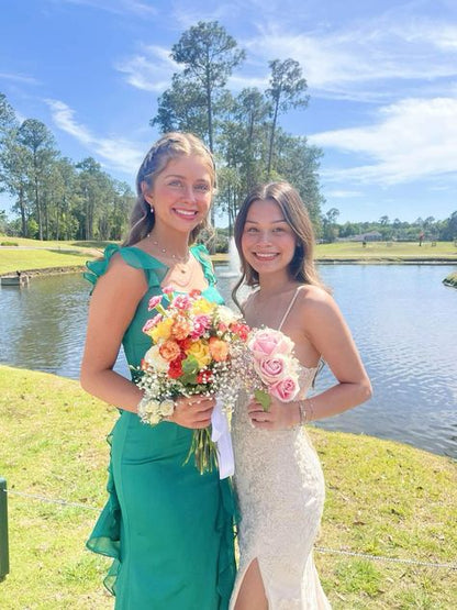 Pretty Mermaid Spaghetti Straps Light Ivory Tulle Applique Slit Long Prom Dress,Evening Dress GG1867