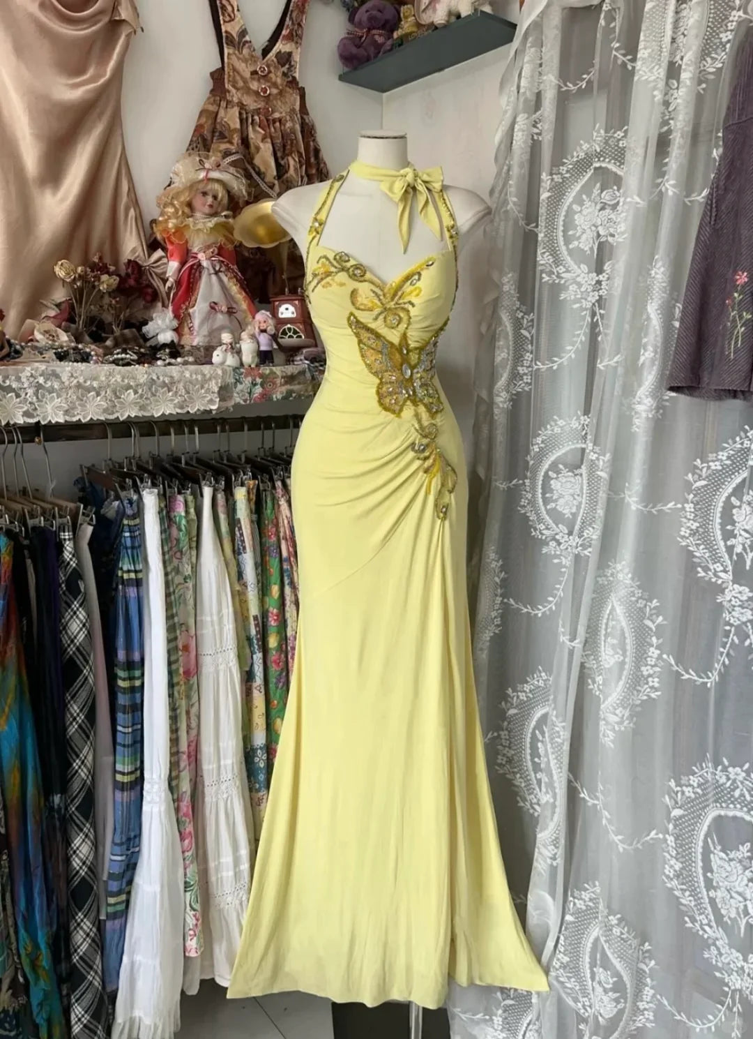 Beautiful Mermaid Halter Yellow Elastic Satin Applique Long Prom Dress,Evening Dress GG1873
