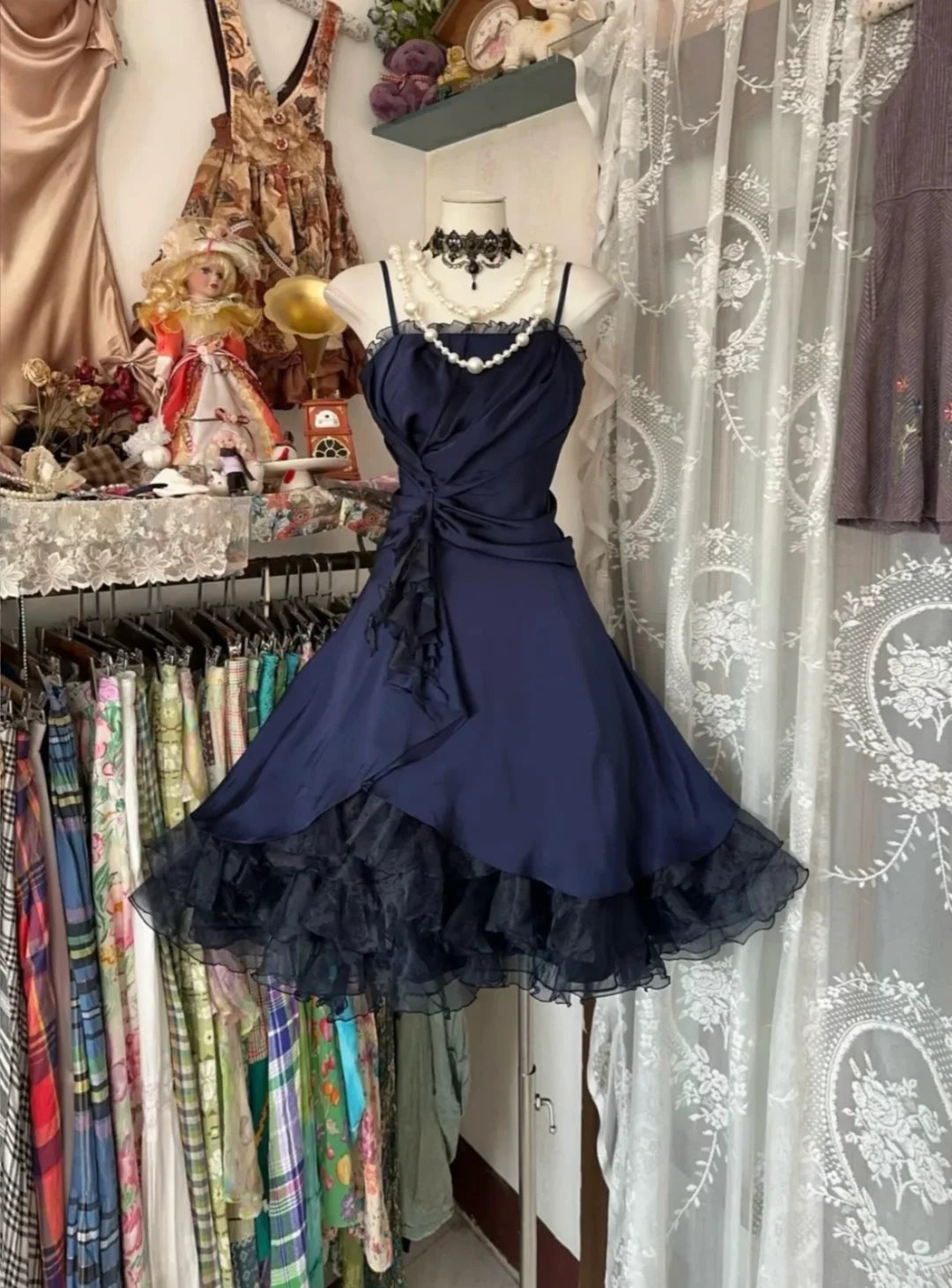Charming A Line Spaghetti Straps Navy Chiffon Short Prom Dress,Homecoming Dress,Evening Dress GG1879