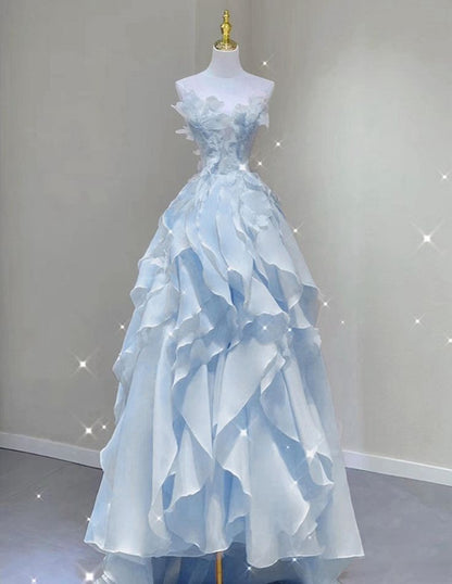 Chic A Line Strapless Ripple Light Blue Floral Chiffon Long Prom Dresses, Evening Dresses GG188