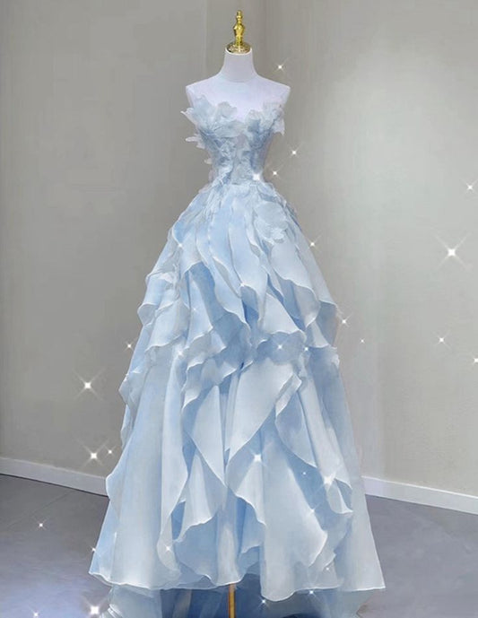 Chic A Line Strapless Ripple Light Blue Floral Chiffon Long Prom Dresses, Evening Dresses GG188